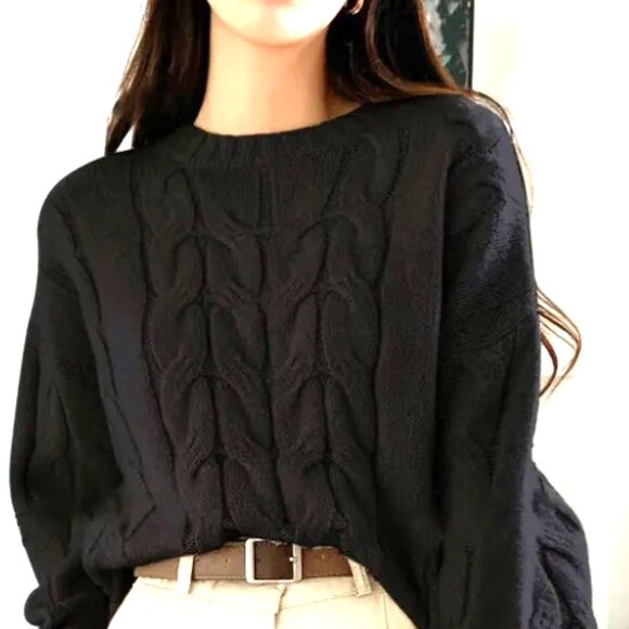 BLACK COLOR ONE SIZE FITS OVERSIZED CREW NECK RIB FISHERMAN/CABLE KNIT SWEATER - Picture 2 of 3